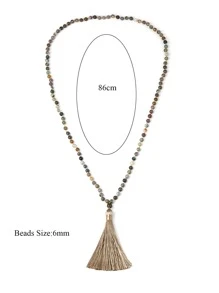 1pc Boho Bead Decor Tassel Charm Long Necklace Knotted 108 Mala Beads Agate Necklace Meditation Yoga Prayer Jewelry For Women For Vacation - Multicolor - View 3