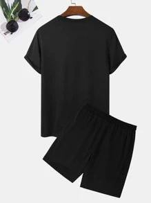 Manfinity Homme 男士宇航員和字母圖形T恤和短褲 - 黑色 - 查看 2