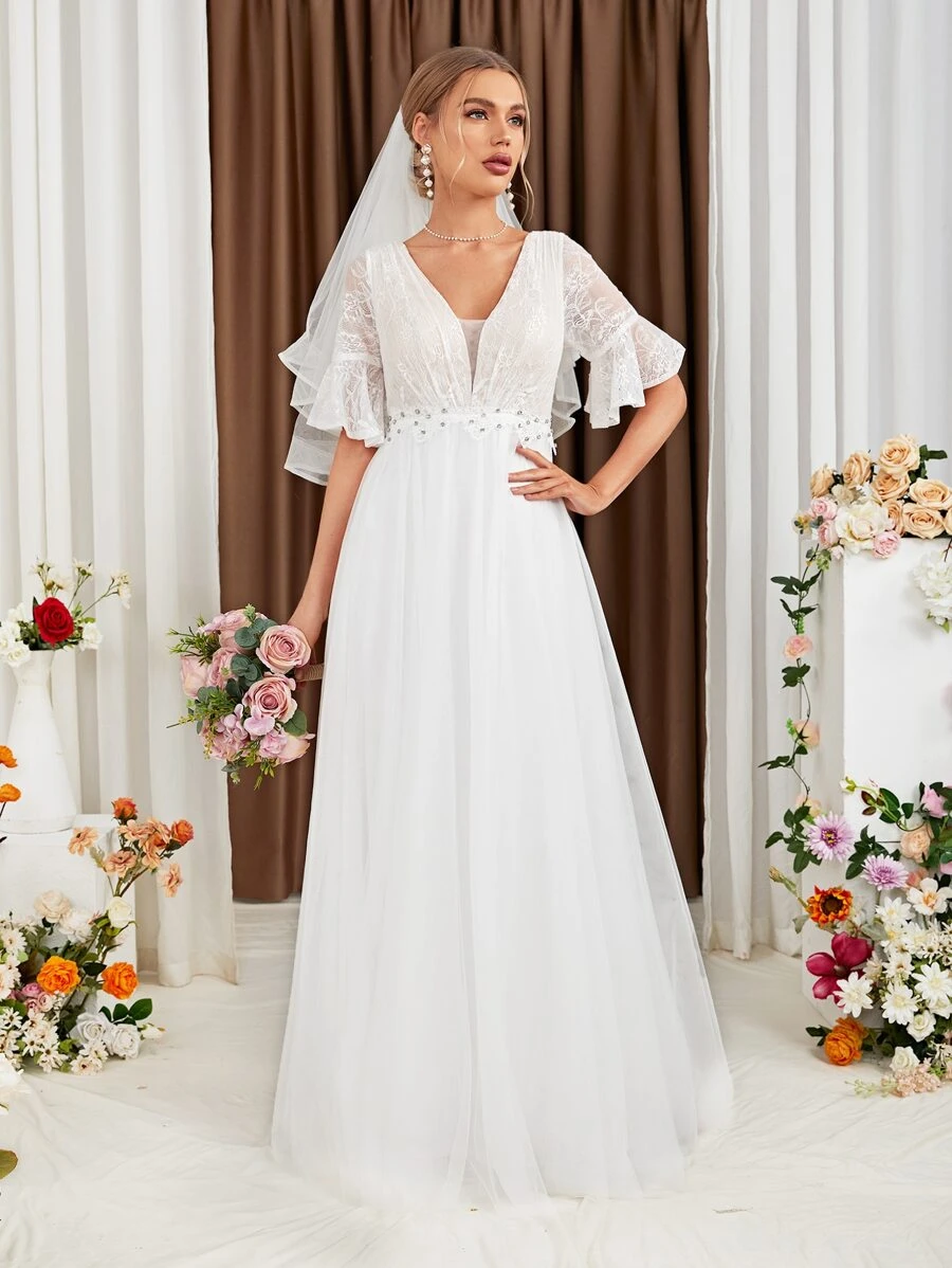 Contrast Lace Flounce Sleeve Mesh Wedding Dress Without Veil - White - View 1