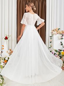 Contrast Lace Flounce Sleeve Mesh Wedding Dress Without Veil - White - View 5