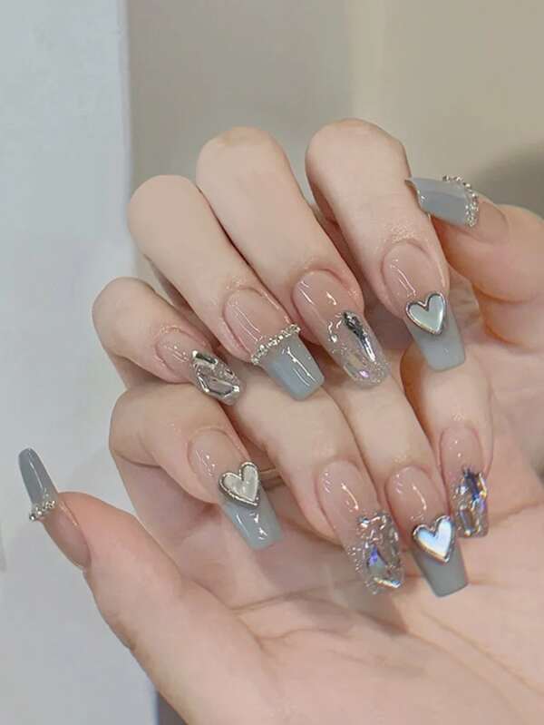 Upgrade Your Style - 30Pcs Medium-Long Coffin Shaped Press-On Nails, Light Blue Nacre Heart Design, Full Set Includes 1Pc Jelly Gel And 1Pc Nail File, Suitable For Party, Wedding, Everyday Wear Nail Supplies Nails