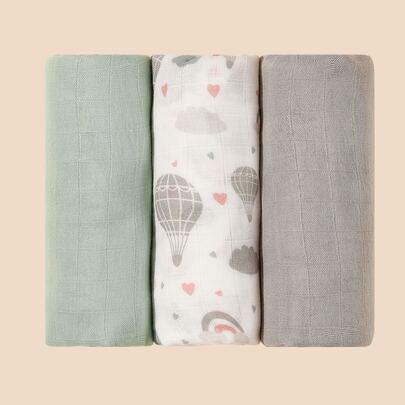 3件套 [Oeko-Tex认证] 婴儿襁褓毯，热气球纯色，透气柔软，轻盈舒适，适合新生女婴和男婴