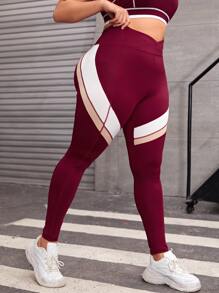 Plus Colourblock Wideband Waist Sports Leggings - Burgundy - View 1