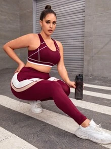 Plus Colourblock Wideband Waist Sports Leggings - Burgundy - View 3