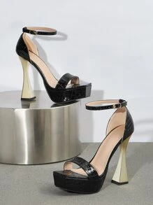Women Crocodile Embossed Platform Pyramid Heeled Ankle Strap Sandals, Elegant Black Heeled Sandals - Black - View 2