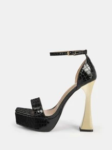 Women Crocodile Embossed Platform Pyramid Heeled Ankle Strap Sandals, Elegant Black Heeled Sandals - Black - View 5