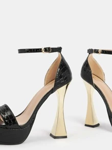 Women Crocodile Embossed Platform Pyramid Heeled Ankle Strap Sandals, Elegant Black Heeled Sandals - Black - View 7