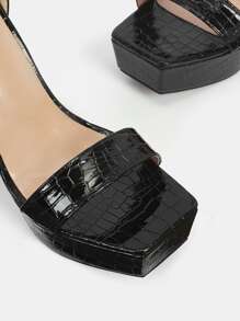 Women Crocodile Embossed Platform Pyramid Heeled Ankle Strap Sandals, Elegant Black Heeled Sandals - Black - View 8