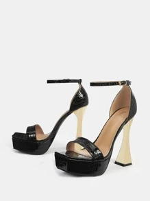 Women Crocodile Embossed Platform Pyramid Heeled Ankle Strap Sandals, Elegant Black Heeled Sandals - Black - View 6