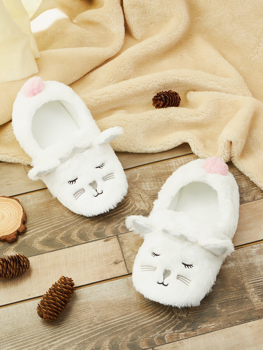 Cartoon Cat Design Fuzzy Novelty Slippers - Beige - View 1