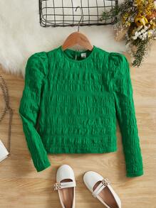 SHEIN Tween Girl Solid Puff Sleeve Blouse - Green - View 1