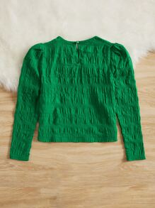 SHEIN Tween Girl Solid Puff Sleeve Blouse - Green - View 2