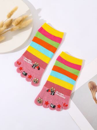 Calcetines de dedo de color combinado de rayas & con estampado de dibujos animados