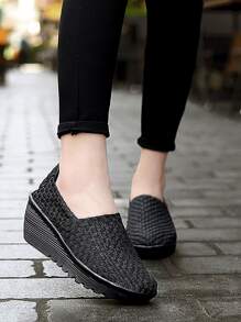 Weave Detail Slip-On Wedge Sneakers - Black - View 1