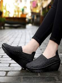 Weave Detail Slip-On Wedge Sneakers - Black - View 8
