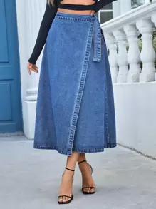 SHEIN Essnce Tie Side Wrap Denim Skirt