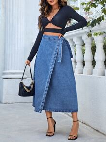 SHEIN Essnce Tie Side Wrap Denim Skirt