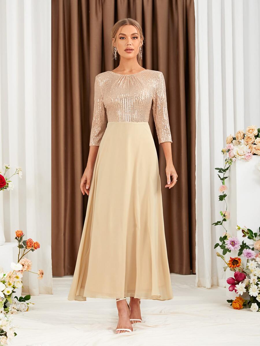 SHEIN Belle Contrast Sequin A-line Dress - Champagne - View 1