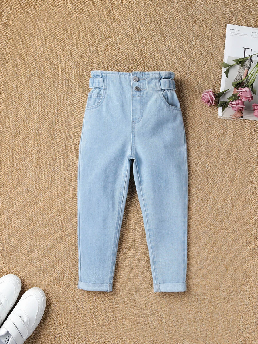 Young Girl Adjustable Waistband Tapered Joint Denim Jeans With Flower Bud Design