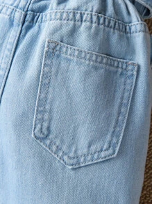 Young Girl Adjustable Waistband Tapered Joint Denim Jeans With Flower Bud Design