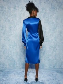 SHEINNeu Two Tone Lantern Sleeve Split Thigh Dress - Multicolor - View 2
