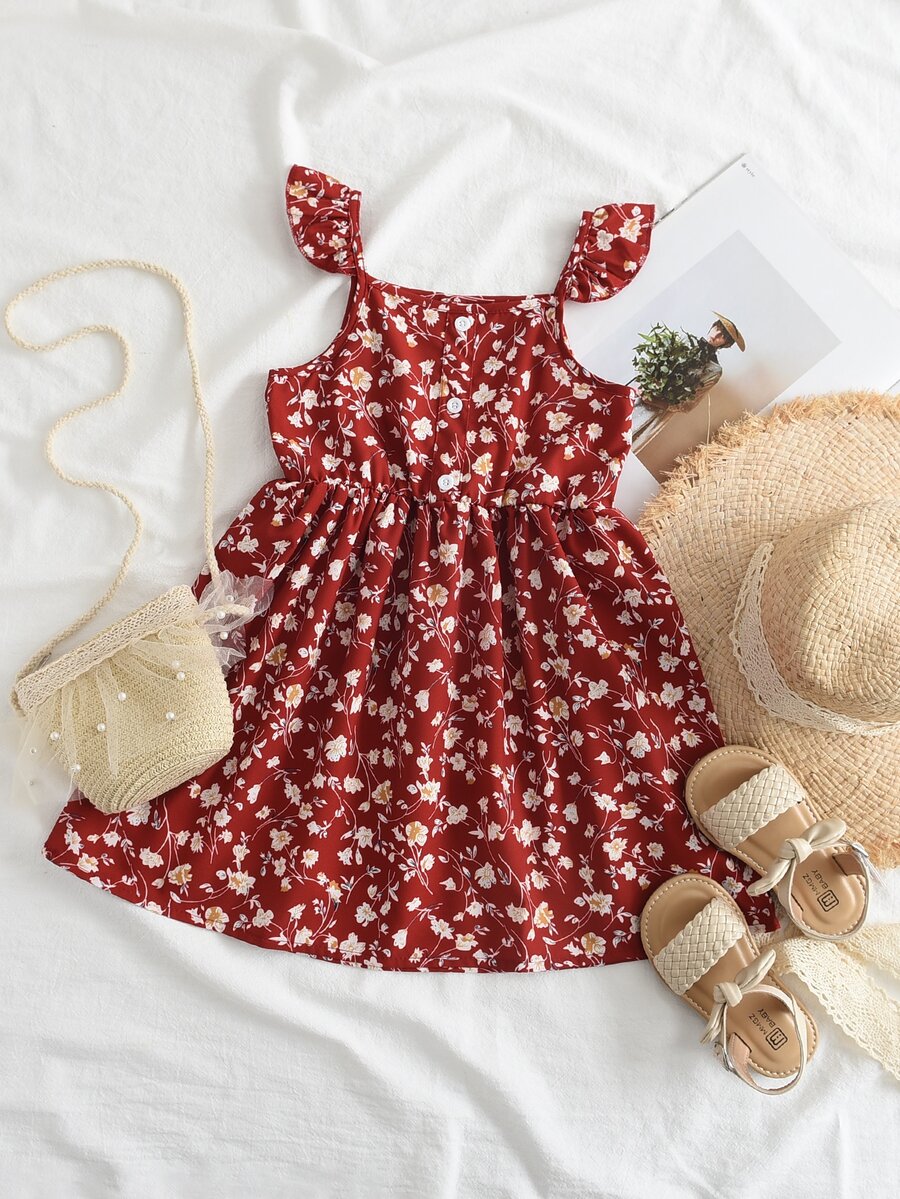 Toddler Girls Allover Floral Print Ruffle Trim Dress - Burgundy - View 1