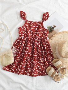 Toddler Girls Allover Floral Print Ruffle Trim Dress - Burgundy - View 2