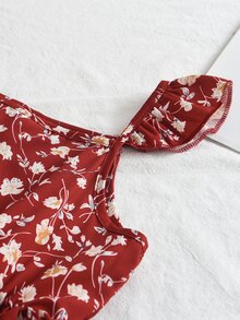 Toddler Girls Allover Floral Print Ruffle Trim Dress - Burgundy - View 4