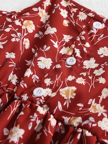 Toddler Girls Allover Floral Print Ruffle Trim Dress - Burgundy - View 5