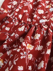 Toddler Girls Allover Floral Print Ruffle Trim Dress - Burgundy - View 6