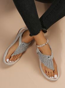 Sandalias de dedo con diseño de diamante de imitación tejido - Plateado - Ver 2