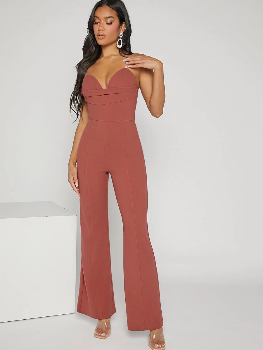 Hauture Sweetheart Neck Solid Ruched Flare Leg Jumpsuit - Redwood - View 1