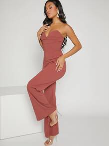Hauture Sweetheart Neck Solid Ruched Flare Leg Jumpsuit - Redwood - View 4