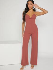 Hauture Sweetheart Neck Solid Ruched Flare Leg Jumpsuit - Redwood - View 6