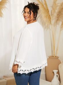 SHEIN CURVE+ Plus Tie Neck Guipure Lace Panel Blouse - White - View 2