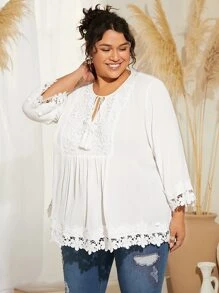 SHEIN CURVE+ Plus Tie Neck Guipure Lace Panel Blouse - White - View 3