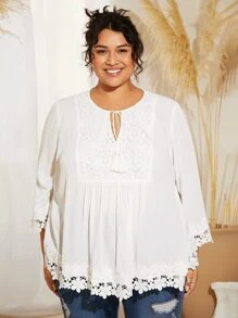 SHEIN CURVE+ Plus Tie Neck Guipure Lace Panel Blouse - White - View 4