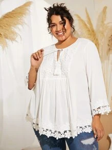 SHEIN CURVE+ Plus Tie Neck Guipure Lace Panel Blouse - White - View 1