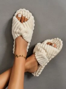 女式時尚素色交叉帶臥室拖鞋，米色 - 米色 - 查看 3