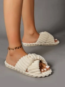 女式時尚素色交叉帶臥室拖鞋，米色 - 米色 - 查看 4