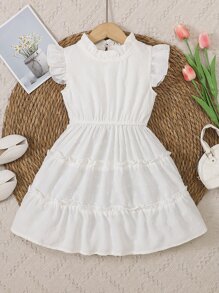 Toddler Girls Swiss Dot Frill Trim Ruffle Hem Dress - White - View 1