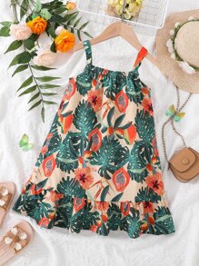 Toddler Girls Tropical Print Ruffle Hem Cami Dress - Multicolor - View 1