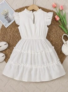 Toddler Girls Swiss Dot Frill Trim Ruffle Hem Dress - White - View 2