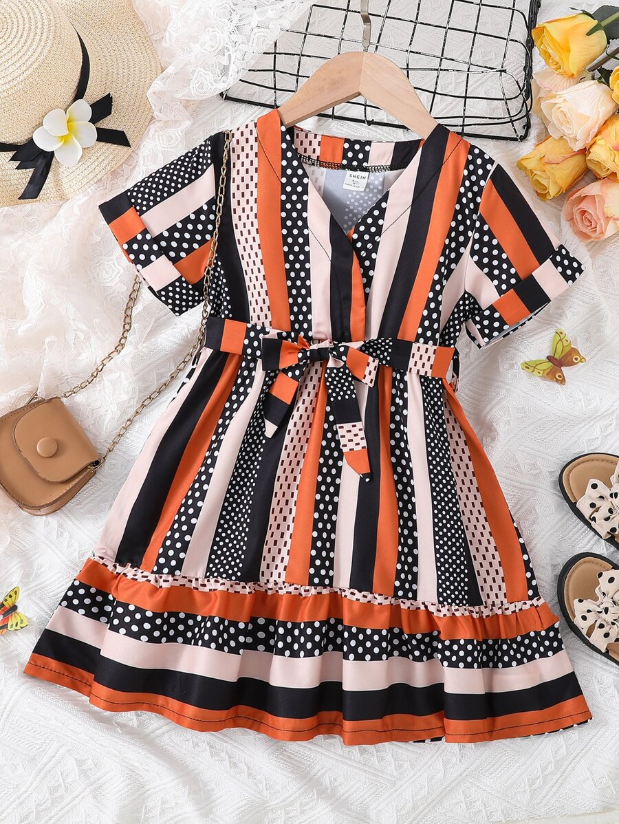 Toddler Girls Striped & Polka Dot Print Ruffle Hem Belted Dress - Multicolor - View 1