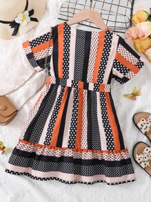 Toddler Girls Striped & Polka Dot Print Ruffle Hem Belted Dress - Multicolor - View 2