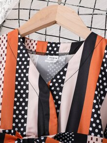 Toddler Girls Striped & Polka Dot Print Ruffle Hem Belted Dress - Multicolor - View 3