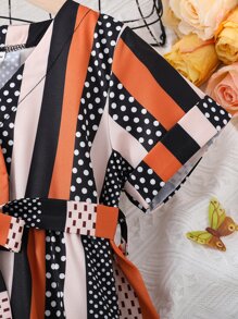 Toddler Girls Striped & Polka Dot Print Ruffle Hem Belted Dress - Multicolor - View 4
