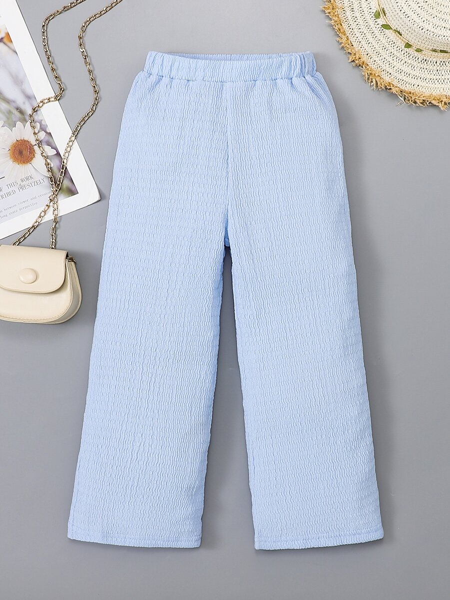 女小童休閒高腰彈性腰帶闊腿褲適用於春夏 - 淺藍色 - 查看 1