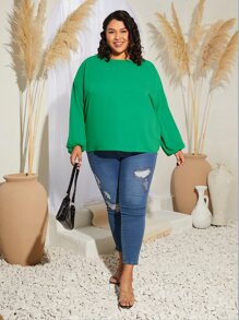 SHEIN CURVE+ Plus Twist Back Drop Shoulder Blouse - Green - View 4