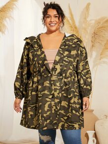 SHEIN CURVE+ Plus Camo Print Drawstring Waist Hooded Coat - Multicolor - View 4
